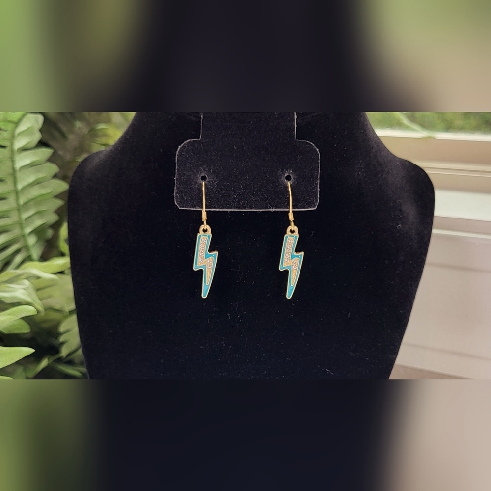 Teal Rhinestone Lightning Bolt Statement Dangle Earrings / Pierced - Picture 4 of 5